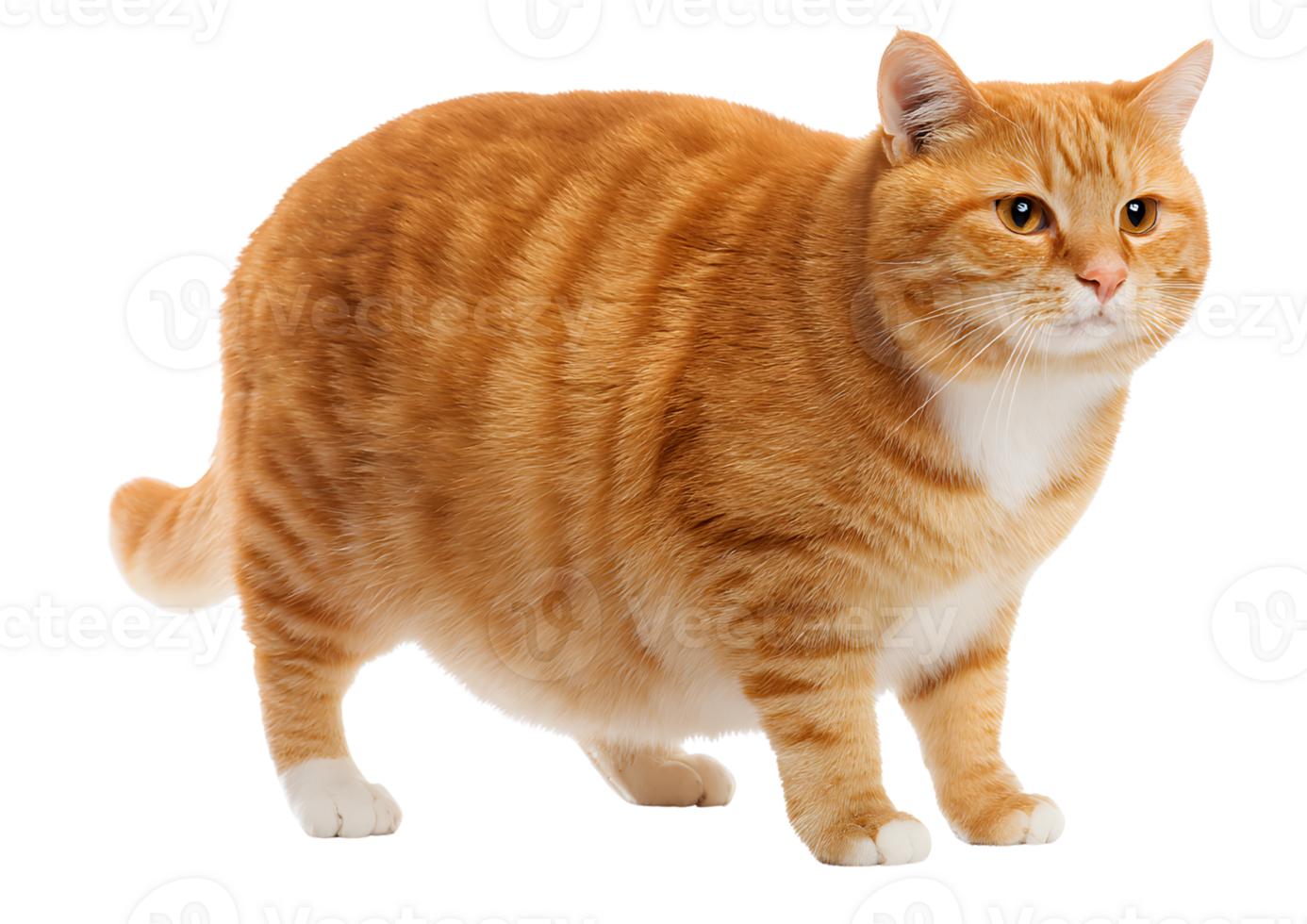 Plump standing red ginger fat cat with a playful demeanor on a transparent background in high-quality format. png
