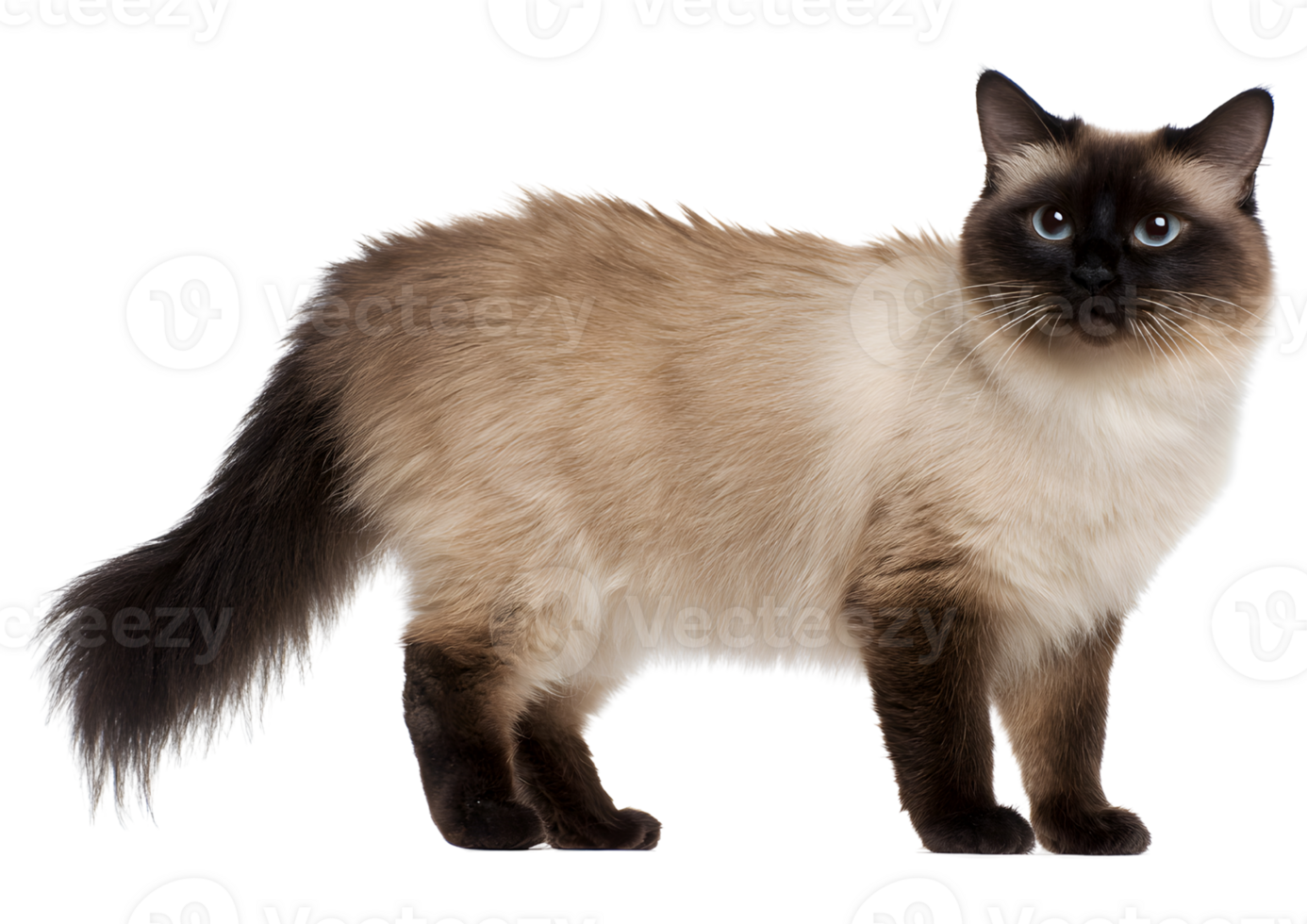 Charming standing Colorpoint cat with a silky coat and radiant personality displayed on a transparent background in format. png