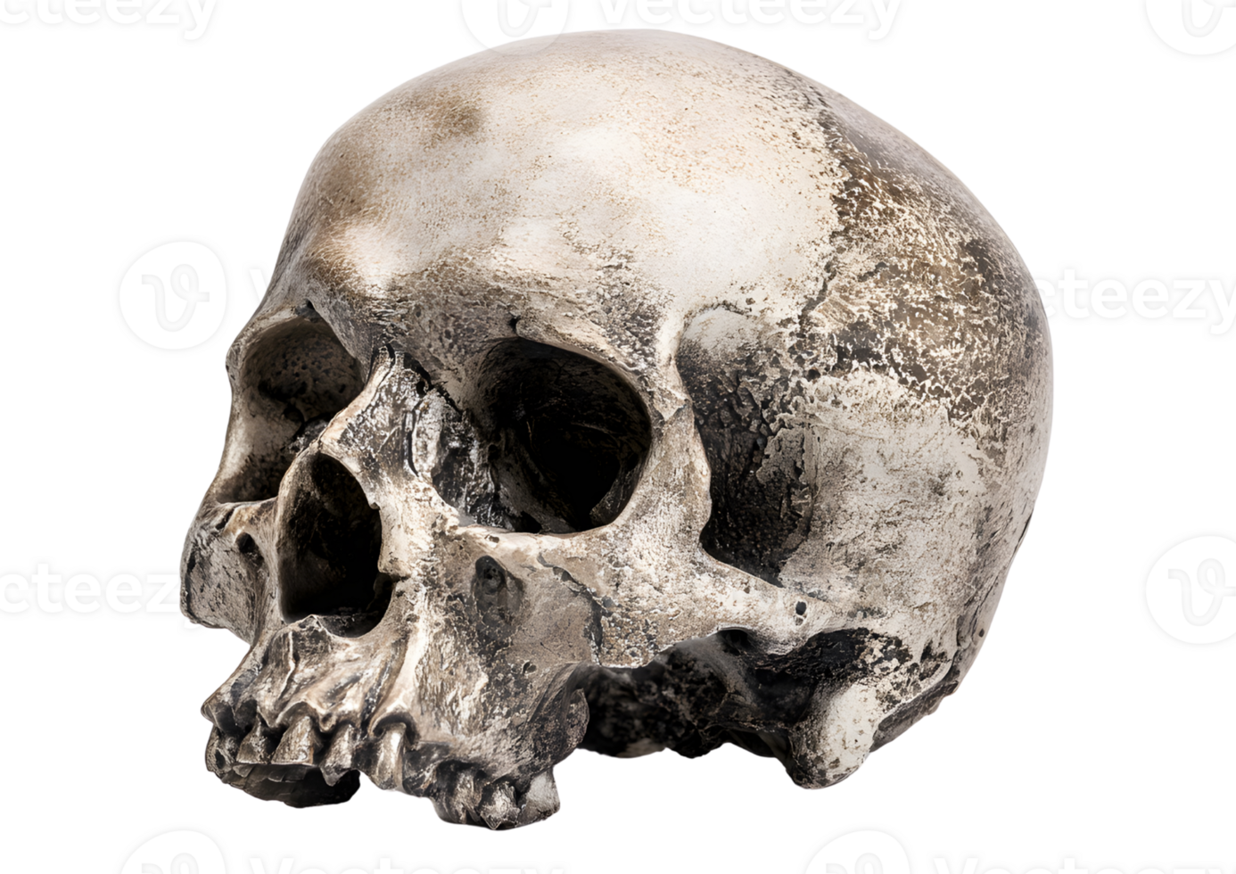 Stylized skull design with tribal patterns and vibrant colors on a transparent background in format. png