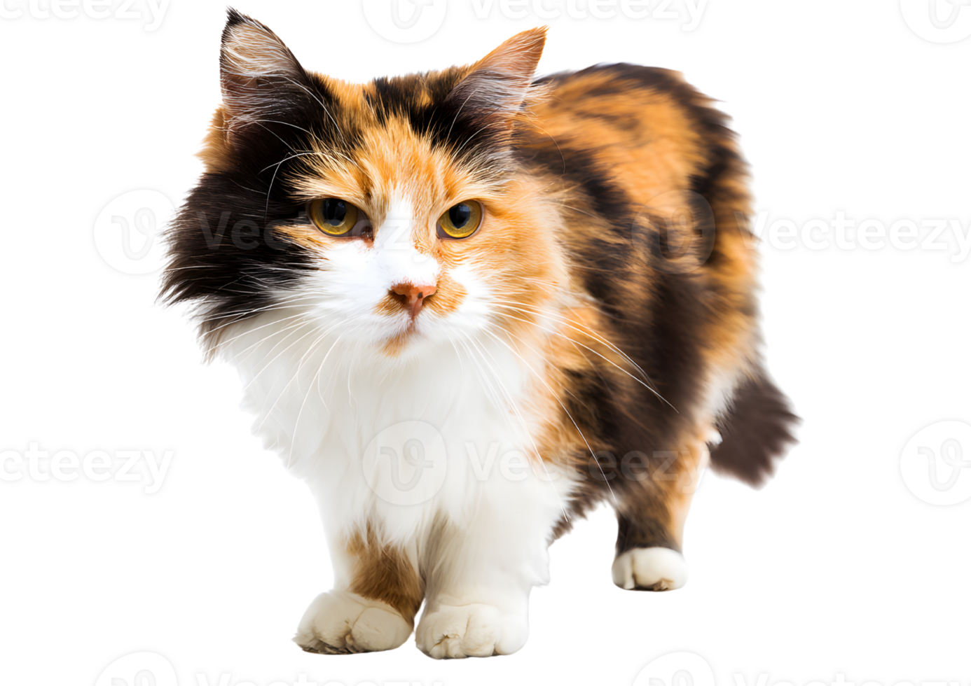 Timid standing calico cat with wide eyes and a cautious stance on a transparent background in high-quality format. png