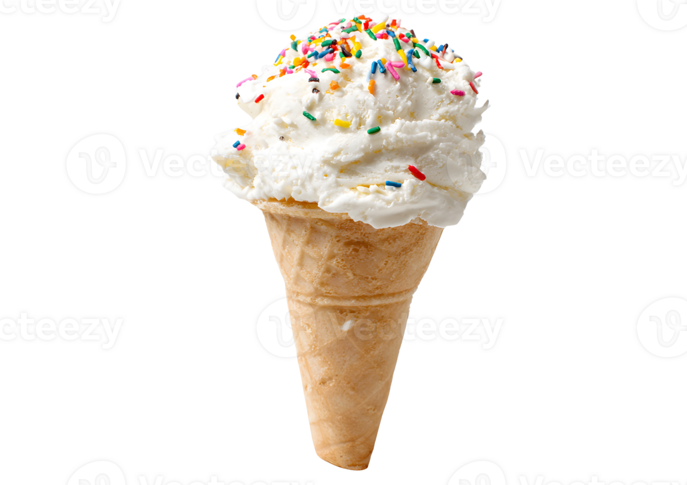 Simple ice cream cone design on a Delicious ice cream cone on a sunny day with colorful sprinkles and a transparent background. background for summer treat. png