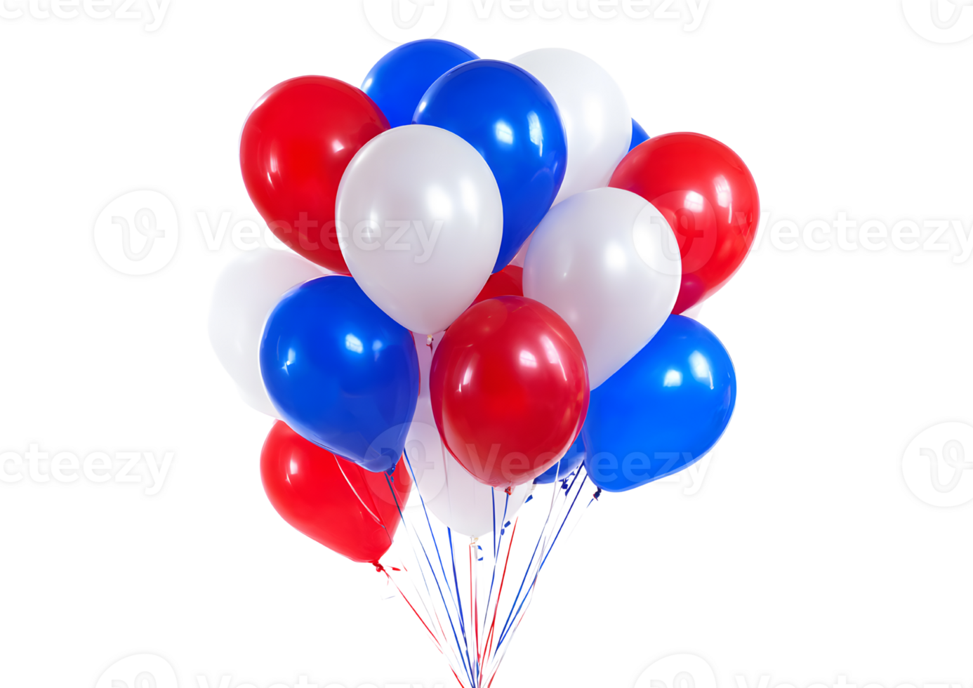 Vibrant blue, white, and red balloons floating against a clear blue sky, format with a transparent background. png