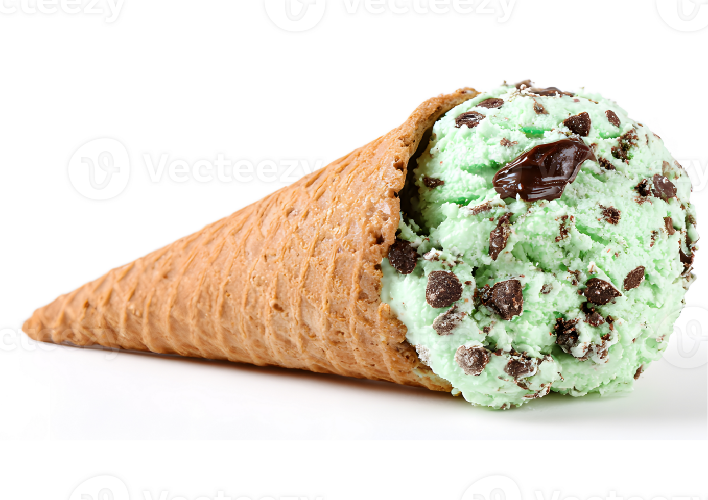 Savory mint chocolate chip ice cream on a cone, transparent background available in format for your use. png