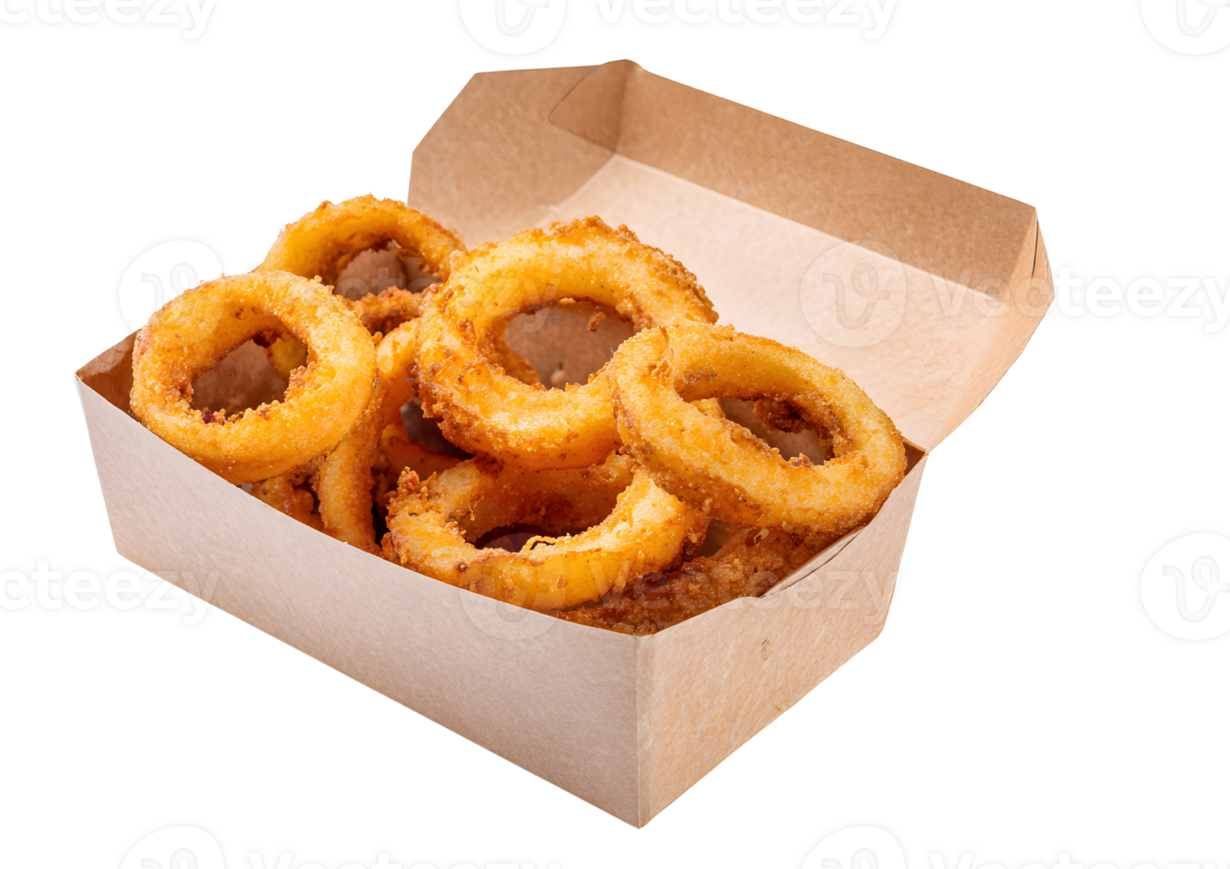 Box of crispy onion rings ready to eat transparent background png