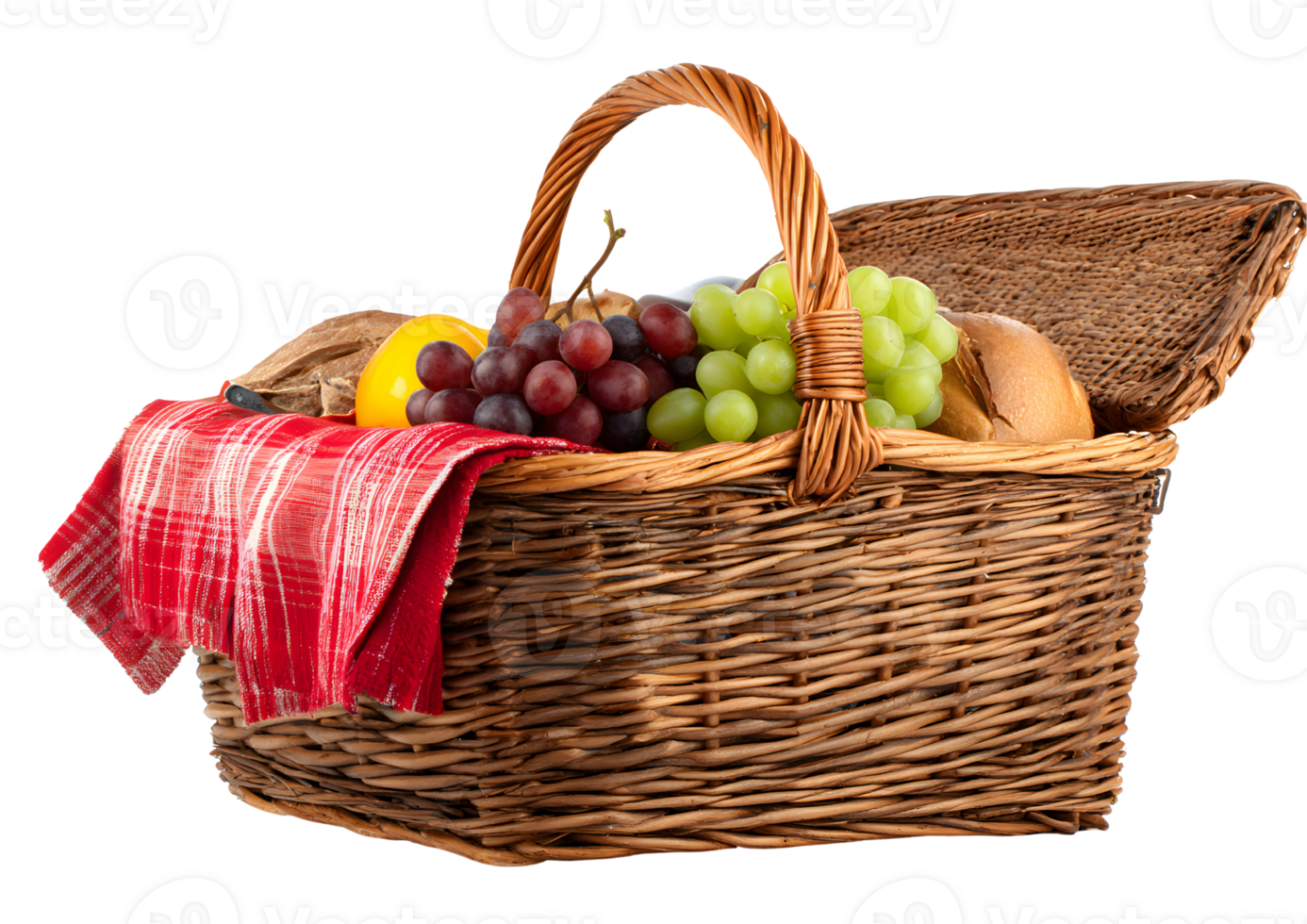 Picnic basket filled with grapes, lemons, and bread with a red patterned cloth transparent background png