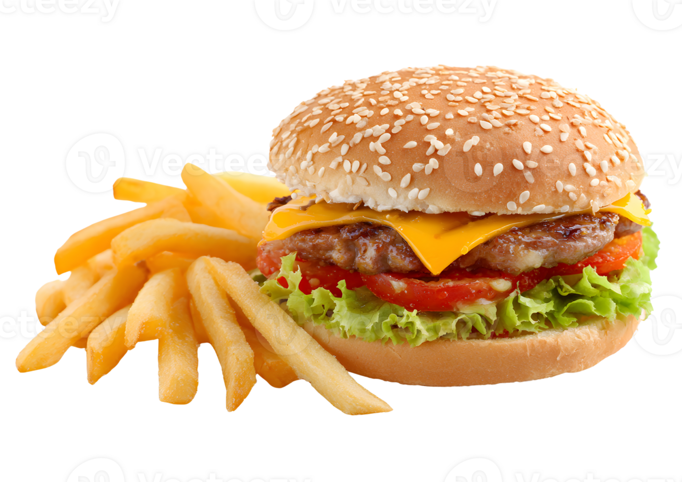 Juicy cheeseburger topped with lettuce, tomato, and cheese served with crispy French fries, , transparent background png