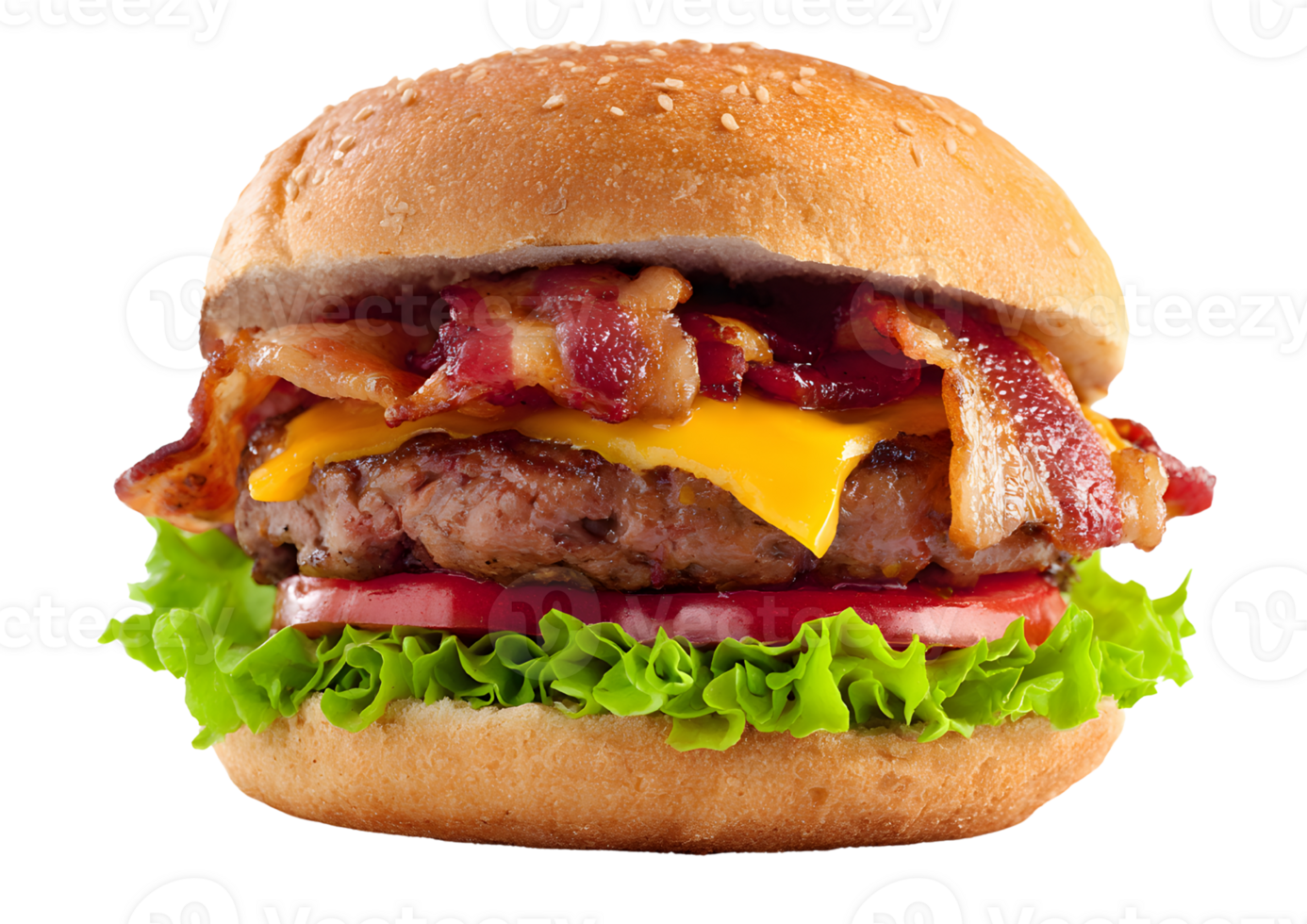 Juicy burger layered with crispy bacon, melted cheese, lettuce, and tomato in a sesame seed bun for a satisfying meal concept, , transparent background png