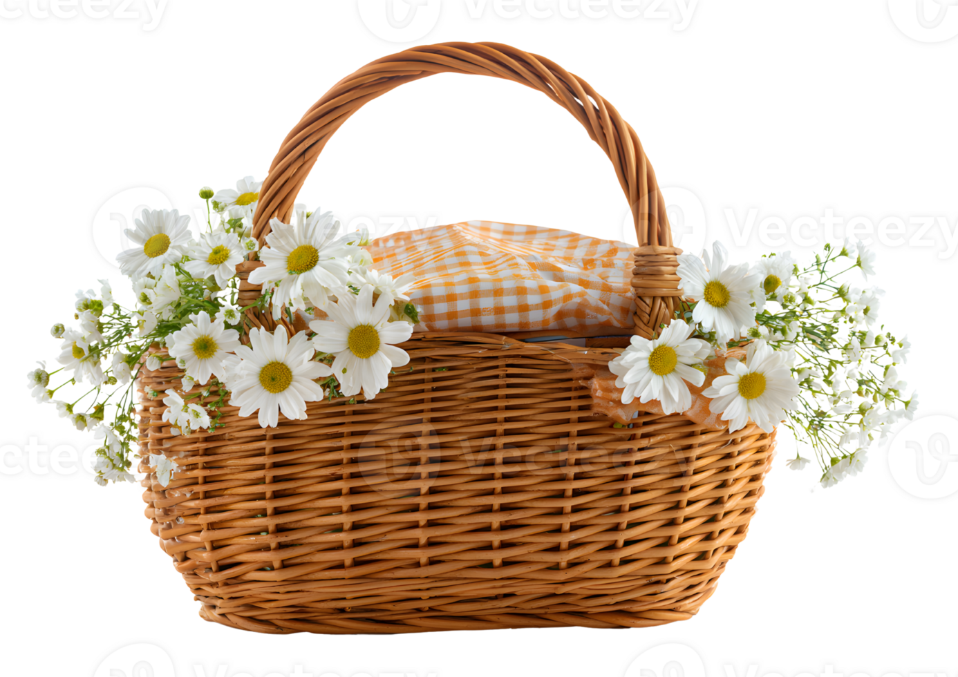 Charming wicker basket filled with white flowers and a checkered cloth transparent background png