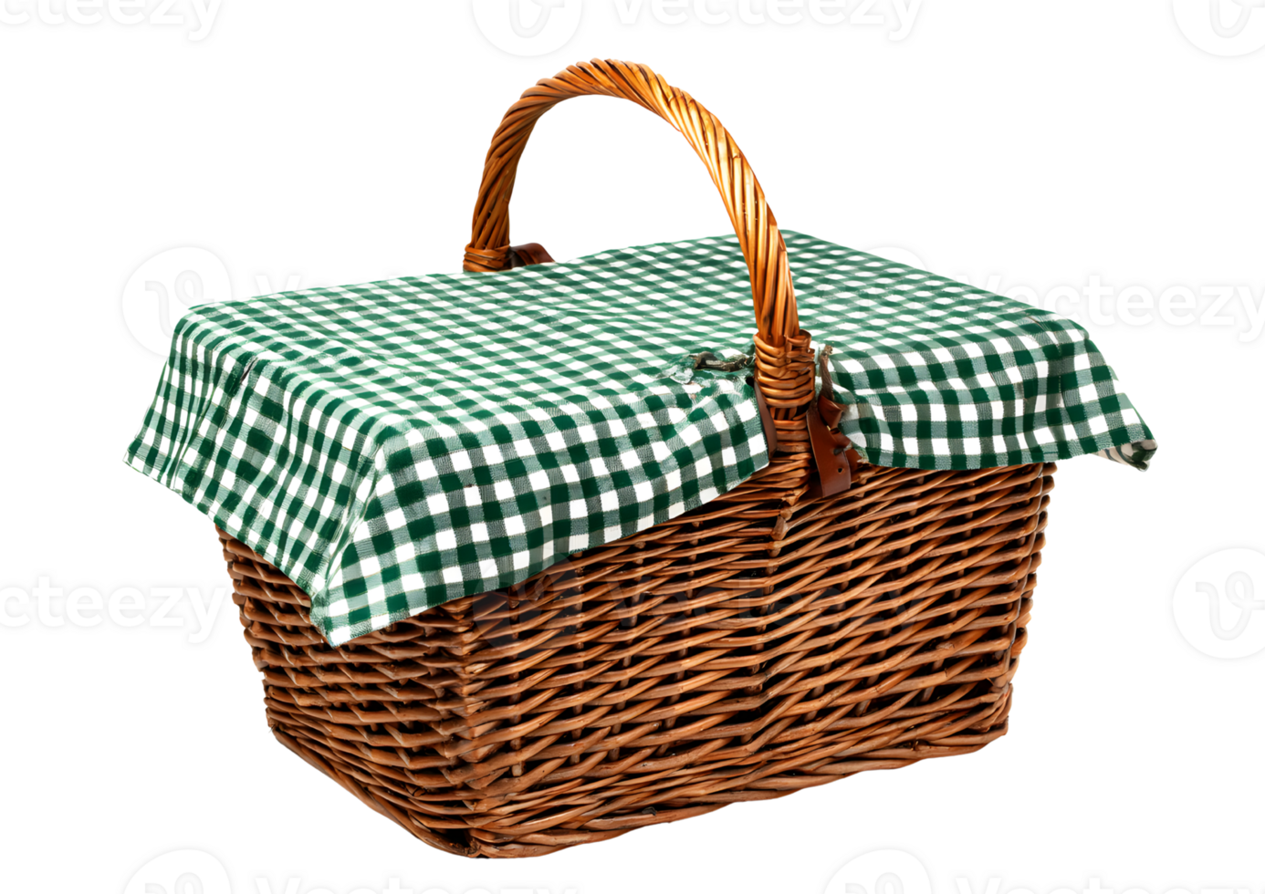 Wicker picnic basket covered with a green checkered cloth transparent background png