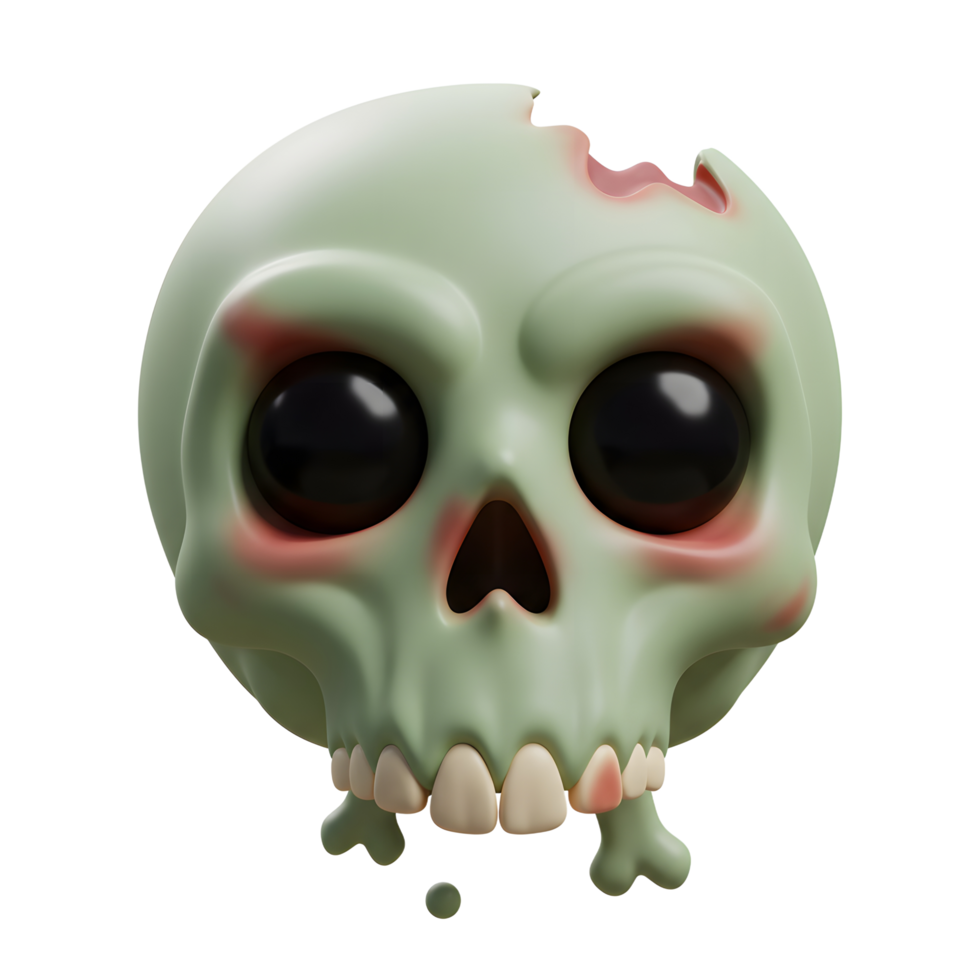 This cartoon zombie skull features pale green skin, large black eyes, and a cracked head, ideal for Halloween decorations or spooky themed designs. png