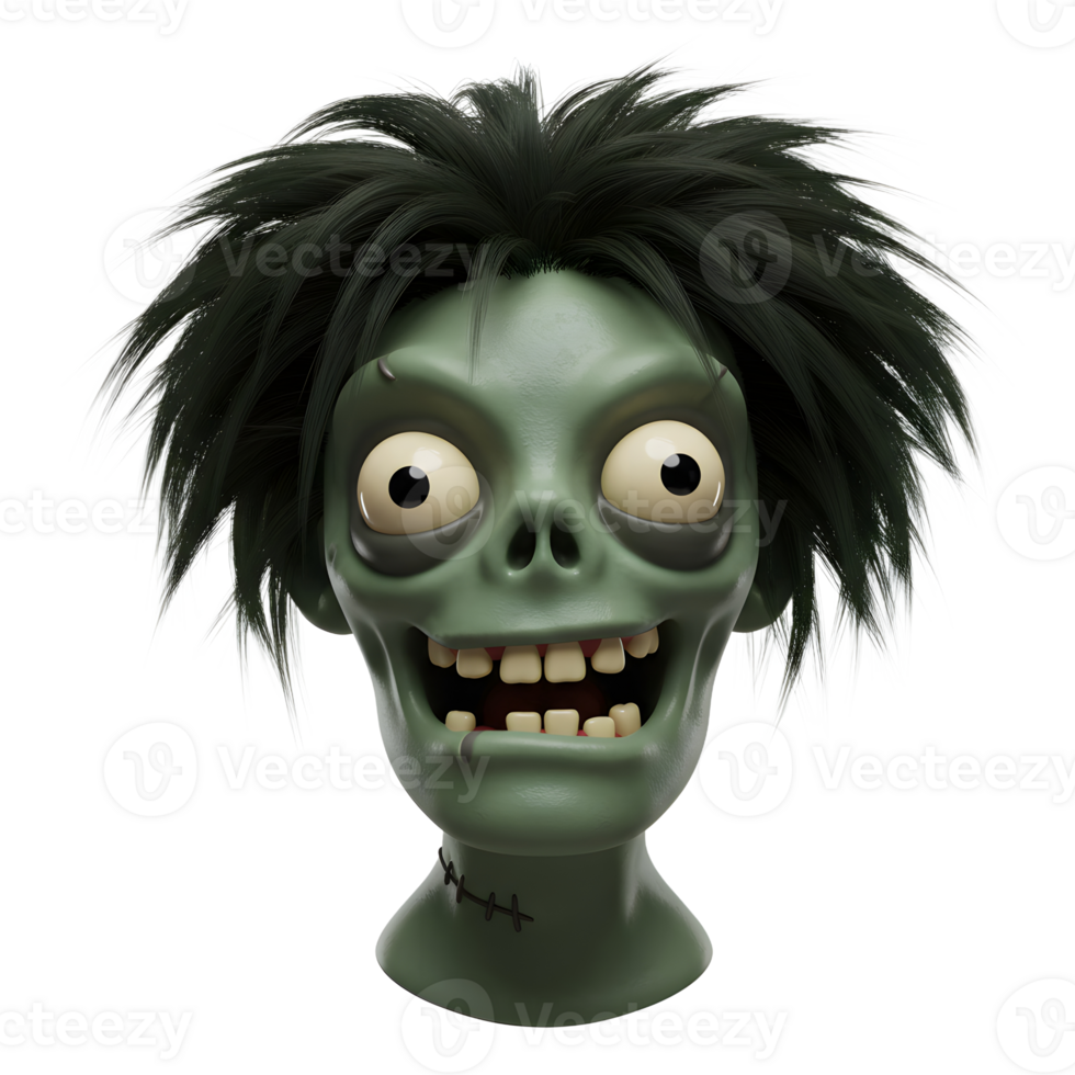 A cartoon zombie head with big eyes and messy hair is depicted, making it suitable for Halloween or scary themed designs. png