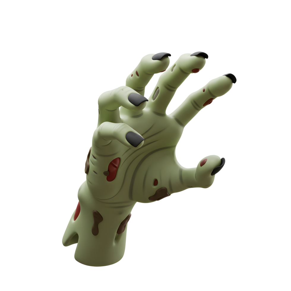 Illustration of a green zombie hand with black claws and blood stains isolated on a white background for Halloween decorations. png