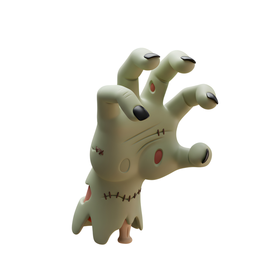 Cartoon zombie hand with pale green skin, black nails, and visible stitches reaches out, perfect for Halloween themed designs or spooky illustrations. png
