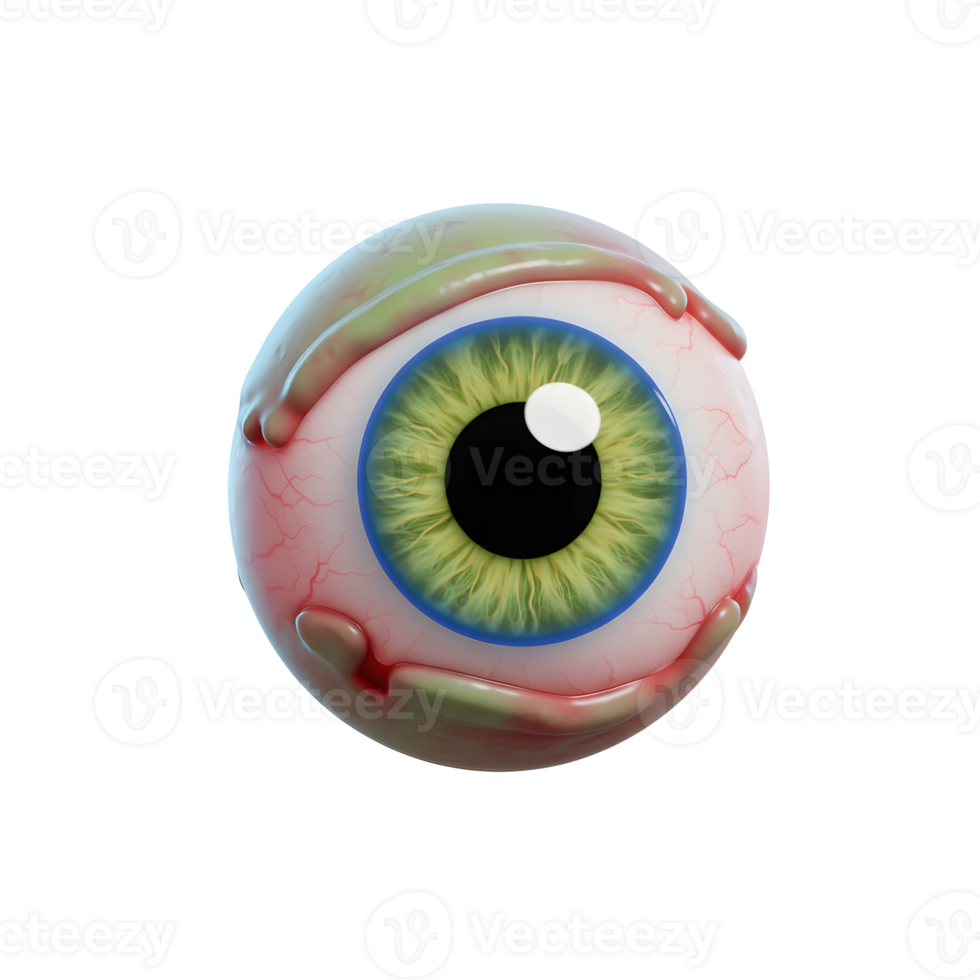 A cartoon eyeball with a green iris, blue ring, and red veins is shown against a white background to use in medical illustrations. png