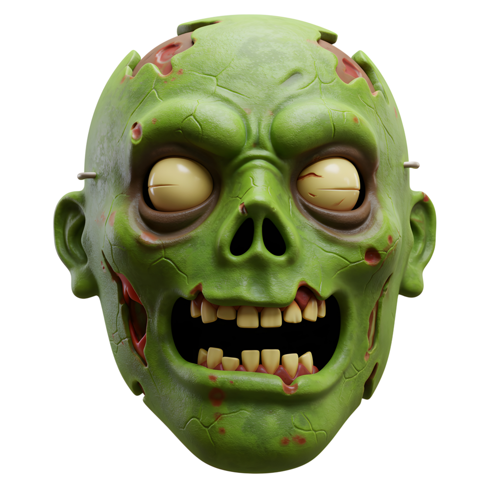 A green zombie mask with exposed teeth and cracked skin evokes a scary and unsettling feeling, perfect for Halloween costumes and themed parties. png