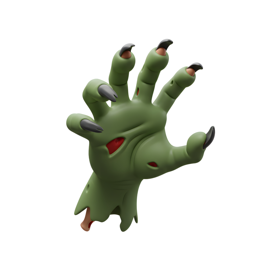 An illustrated green zombie hand with black claws reaches out, featuring visible wounds and decay, great for Halloween themed designs. png