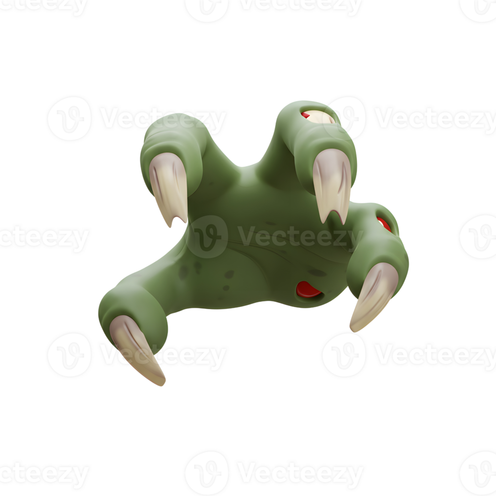 A cartoon zombie hand with long claws reaches out in a menacing way, perfect for halloween themed decorations or party invitations. png