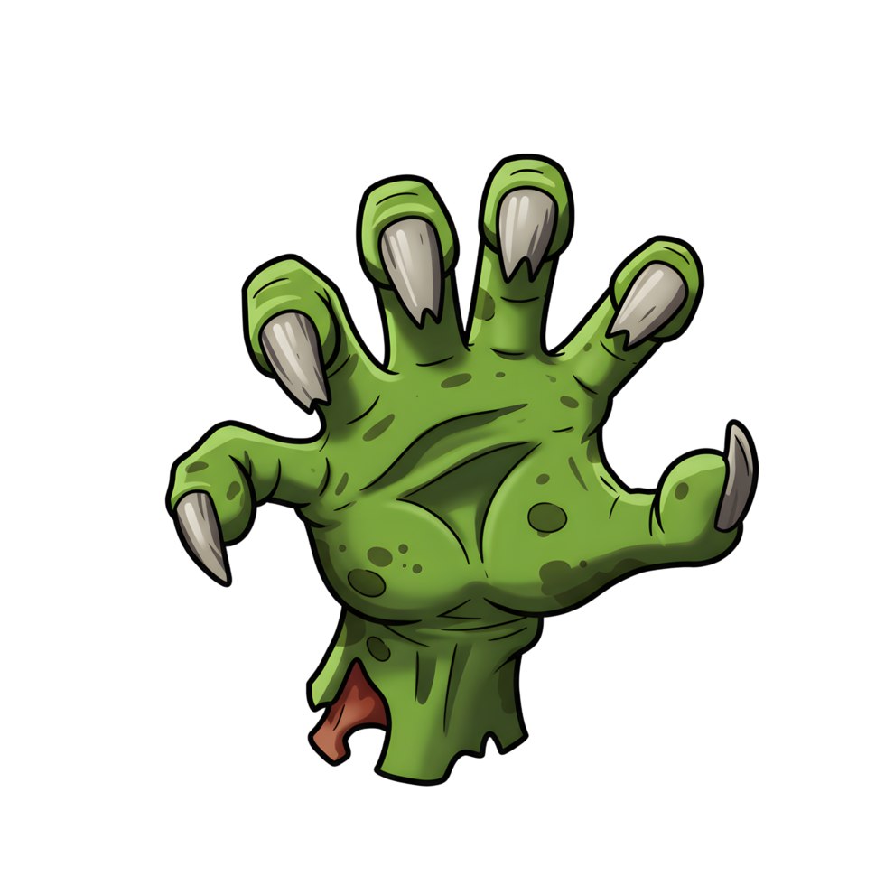 A cartoon style illustration depicts a green zombie hand reaching out with sharp claws, and can be used for Halloween designs. png