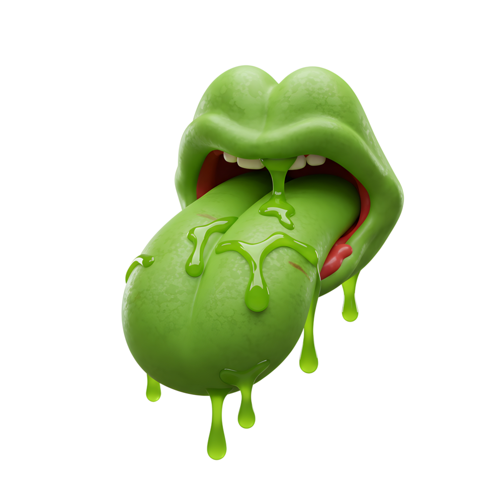 A green mouth with a tongue sticking out shows liquid dripping down, creating a slimy effect and providing a spooky or humorous image. png
