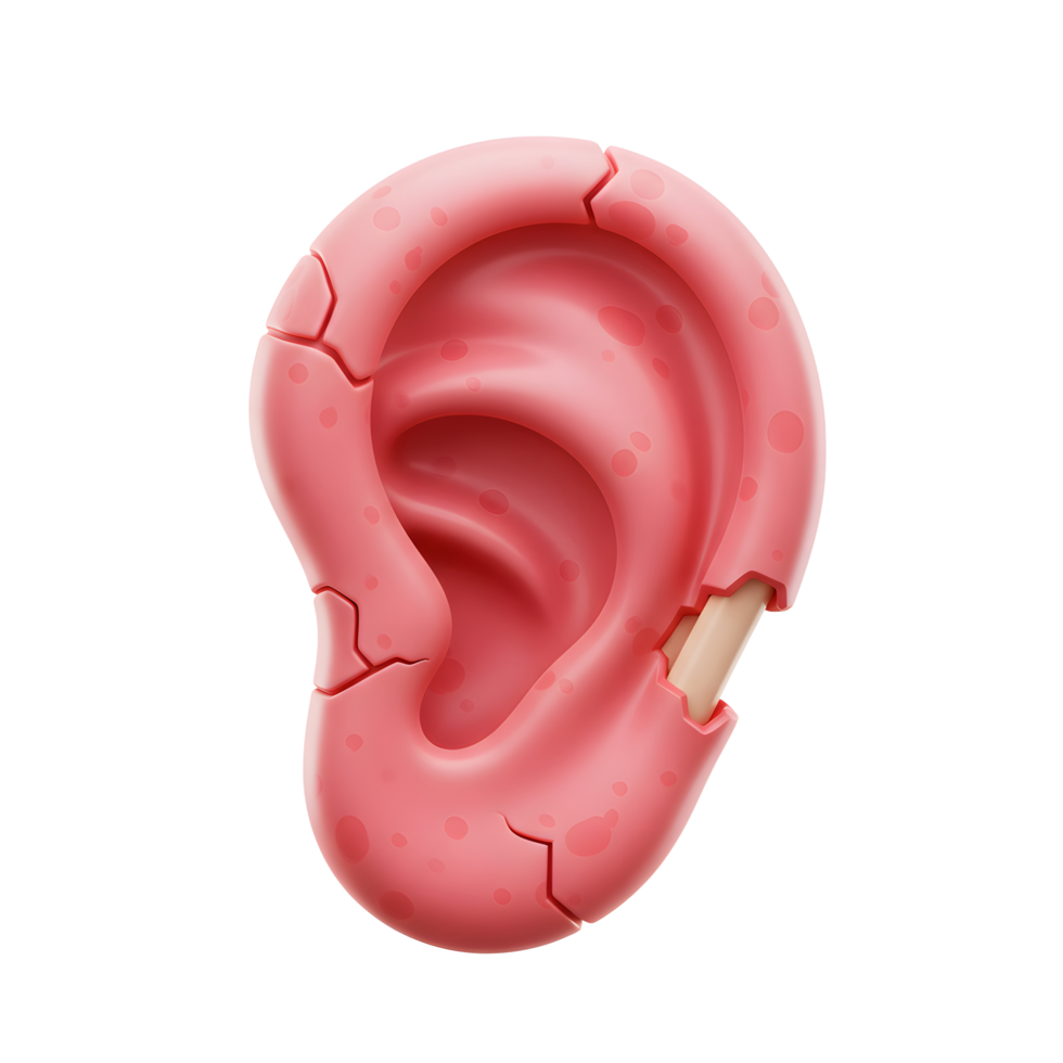 A pink ear with cracks and a broken section is displayed against a white background, possibly for educational or artistic purposes. png