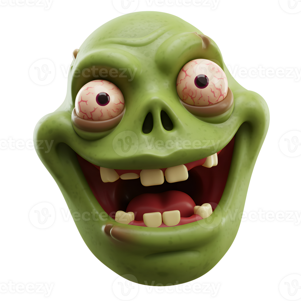 A green cartoon zombie head with bulging red eyes and an open mouth full of teeth is smiling, and the image can be used for Halloween themed designs. png