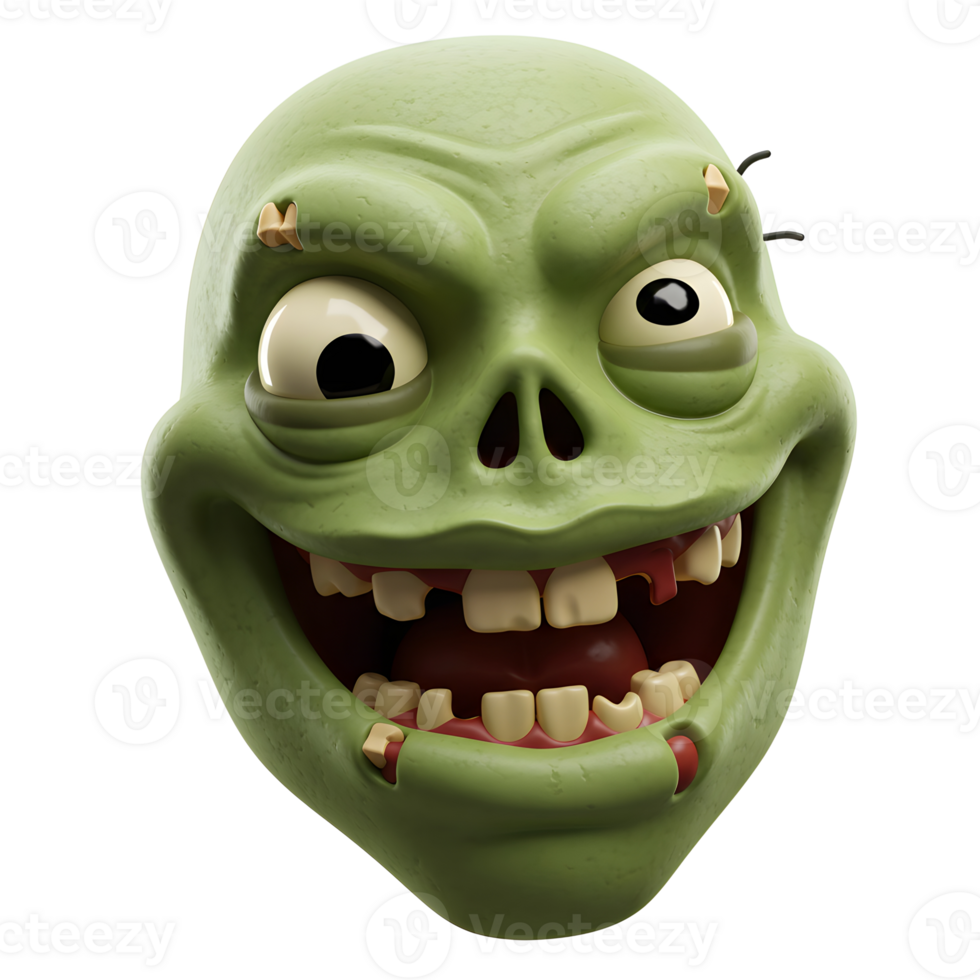 Cartoon zombie with green skin grins widely revealing teeth, making it useful for Halloween decorations and other spooky content. png