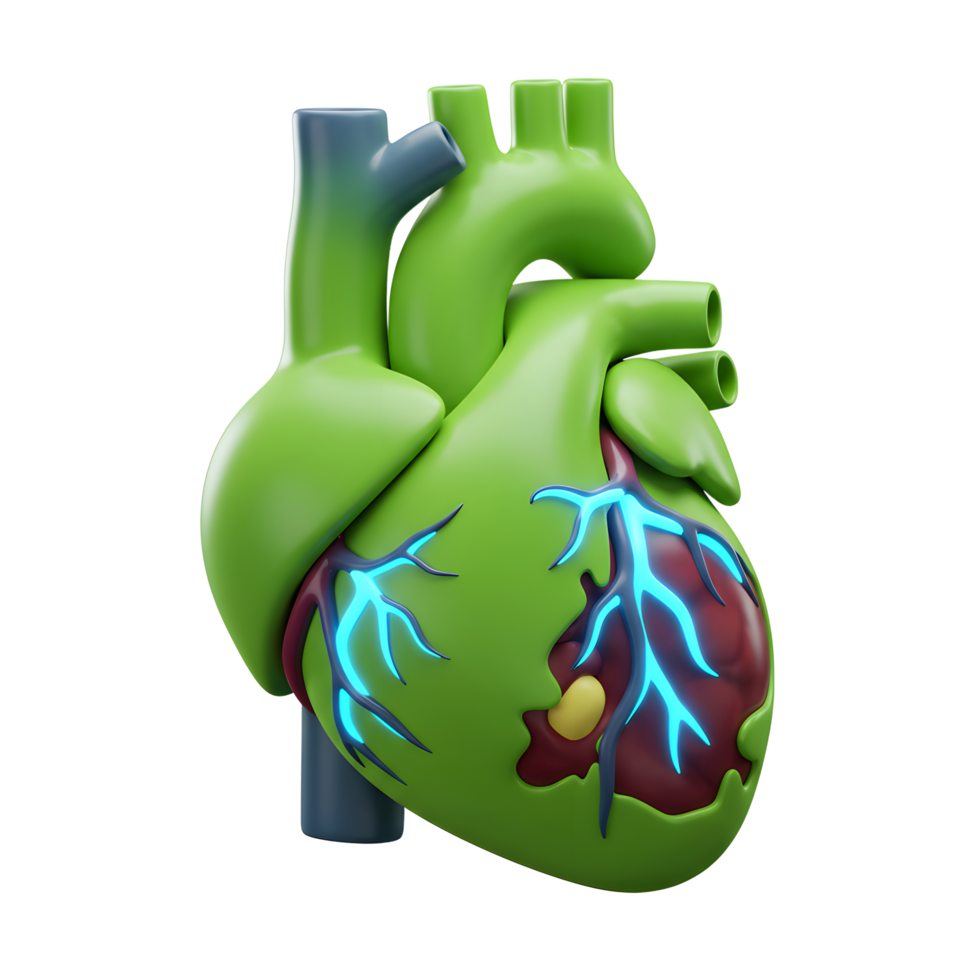 Green heart with glowing blue veins and red tissue, illustrating biological systems for educational purposes. png