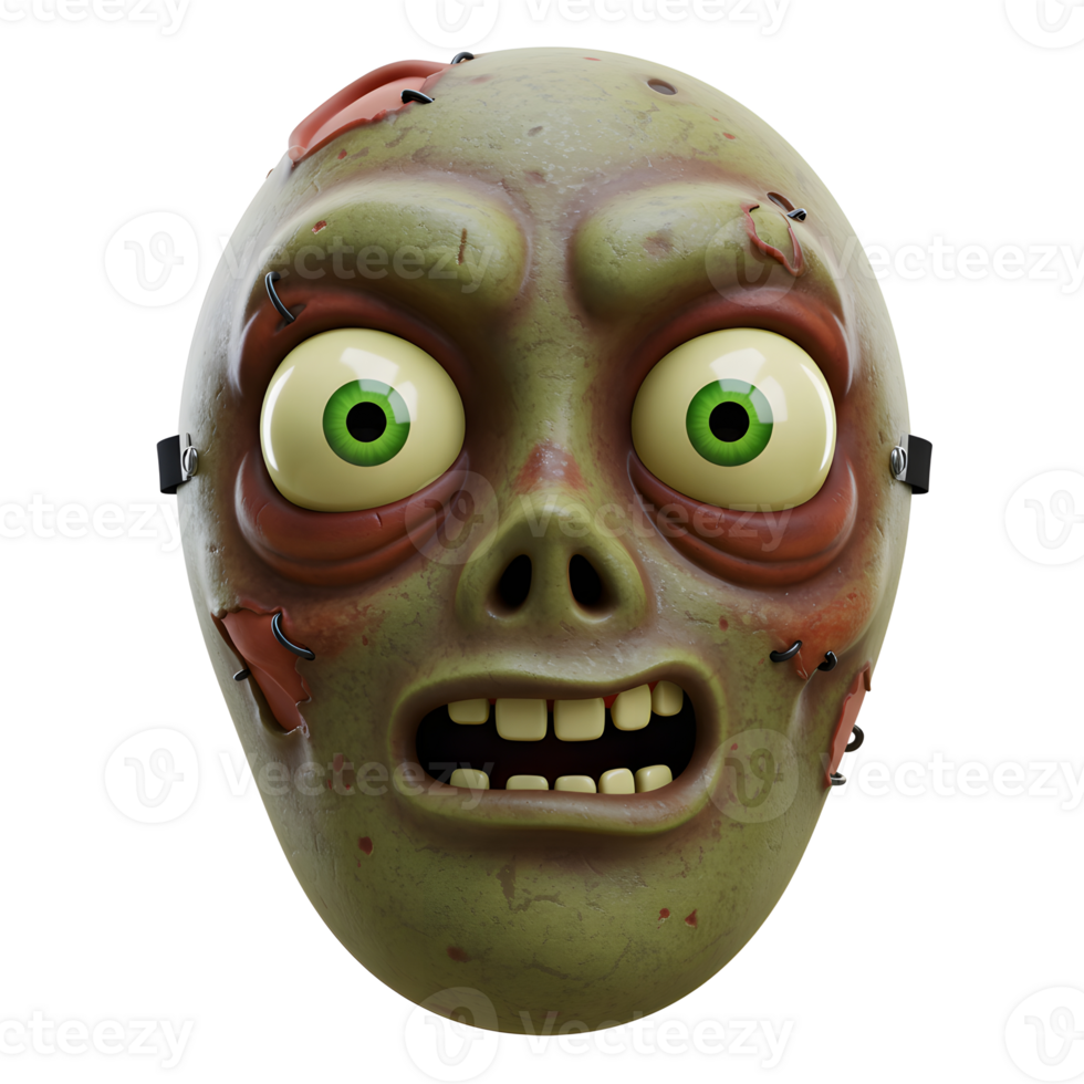 A green and gory zombie mask with big green eyes and rotten teeth gives a scary impression, perfect for Halloween costume parties. png