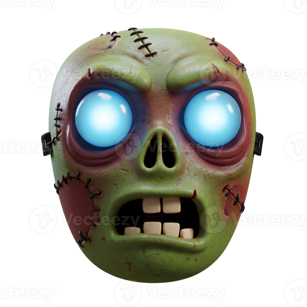 A cartoonish zombie head with glowing blue eyes, stitched skin, and decaying teeth is isolated against a white background and is suitable for Halloween themed designs. png