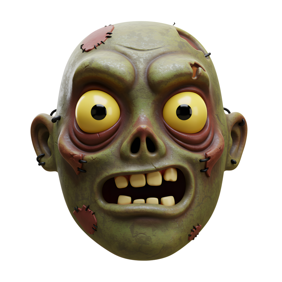 A cartoon zombie face is depicted with an open mouth and large yellow eyes, perfect for Halloween themed graphics. png