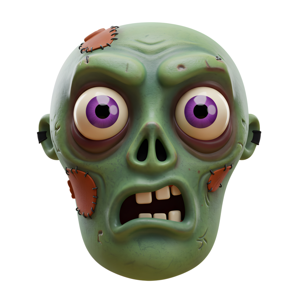 A green cartoon zombie mask features patches, bulging purple eyes, and exposed teeth, perfect for a costume party. png
