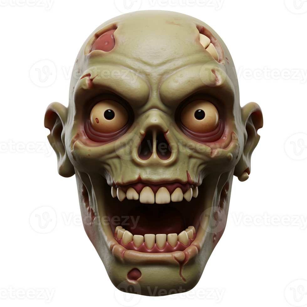 Cartoon zombie face has open mouth, yellow eyes and visible skull, this could be used for Halloween or any scary themed designs. png