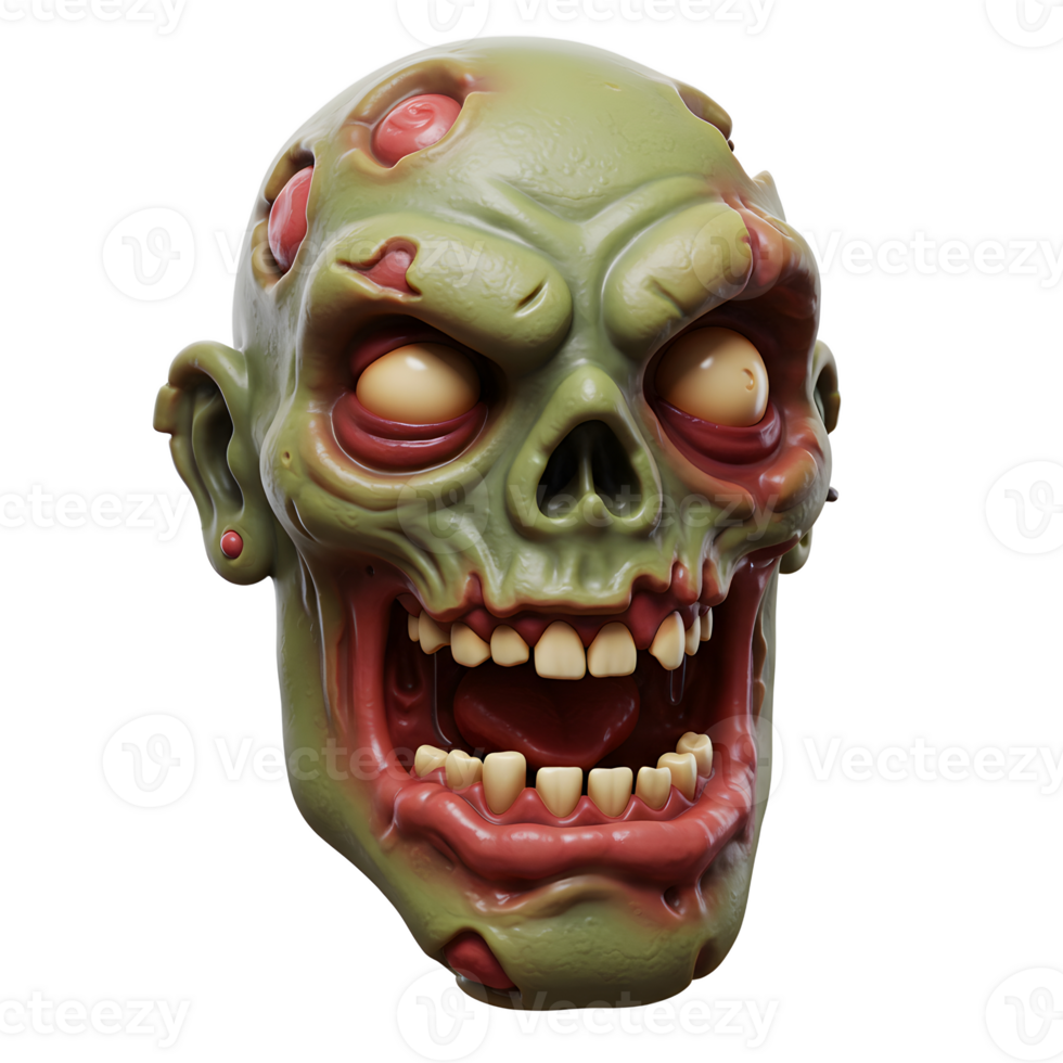 A green and red zombie head shows rotting flesh and exposed teeth, often used for horror themes. png