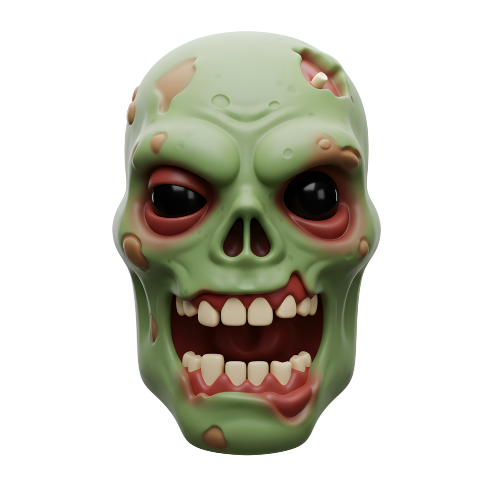 A green cartoon zombie skull with large black eyes and an open mouth is isolated on a white background, perfect for Halloween themed digital art. png