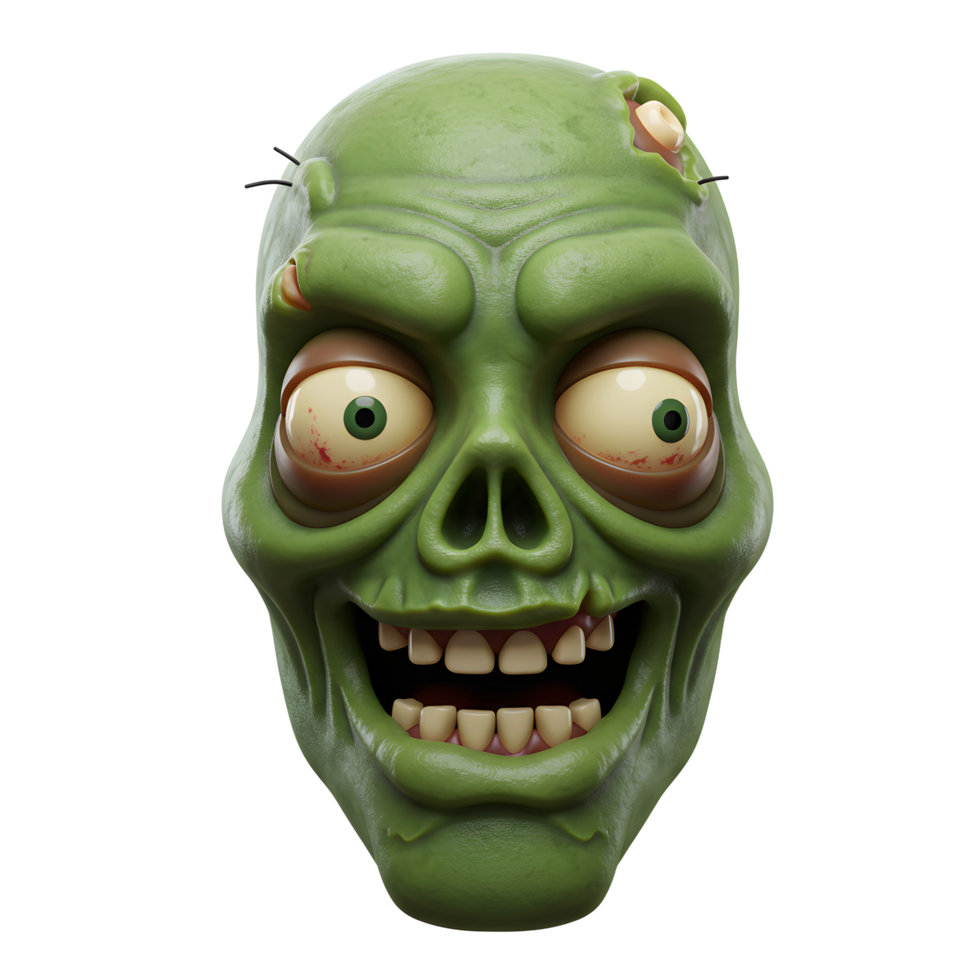 This is a green cartoon zombie face smiling with large eyes and rotten flesh, perfect for Halloween decorations. png