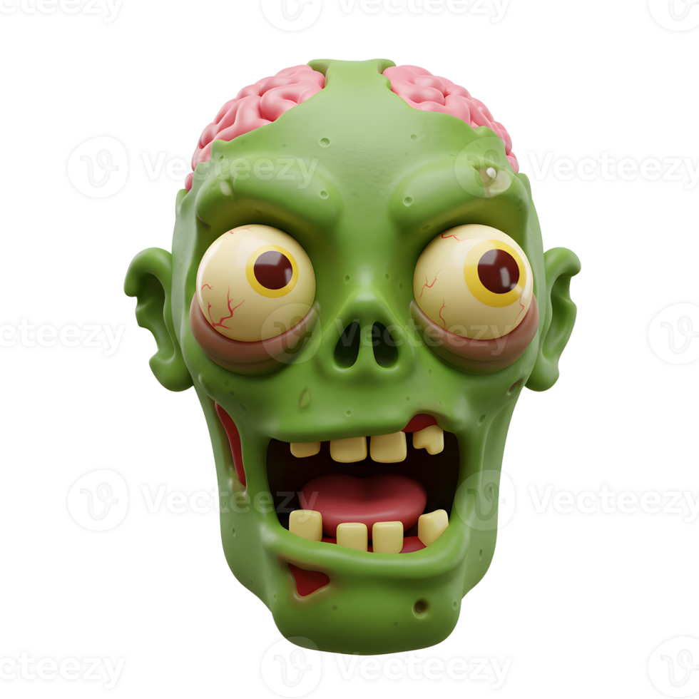 A cartoon zombie head with a green face, exposed brain, and open mouth is displayed in the image, suitable for Halloween decorations and digital art. png
