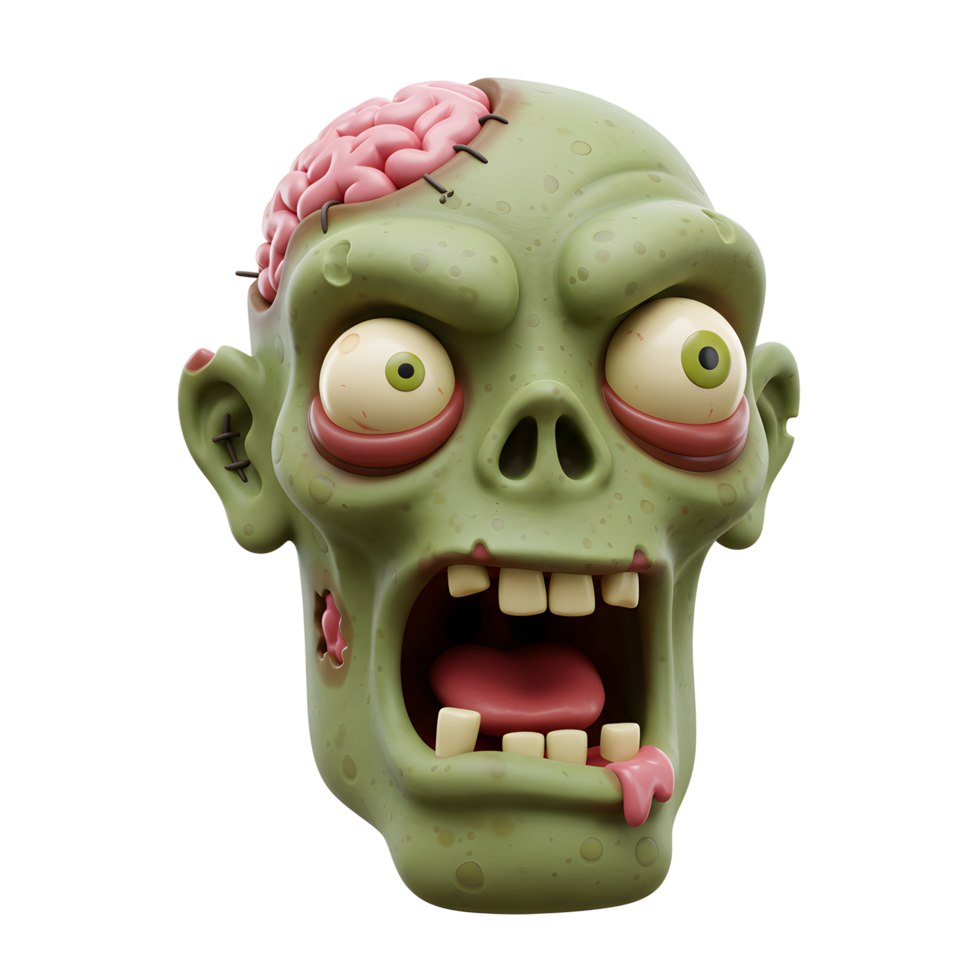 Cartoon zombie head features an exposed brain, visible stitches, and a gaping mouth dripping with slime, making it suitable for Halloween decorations or gaming. png