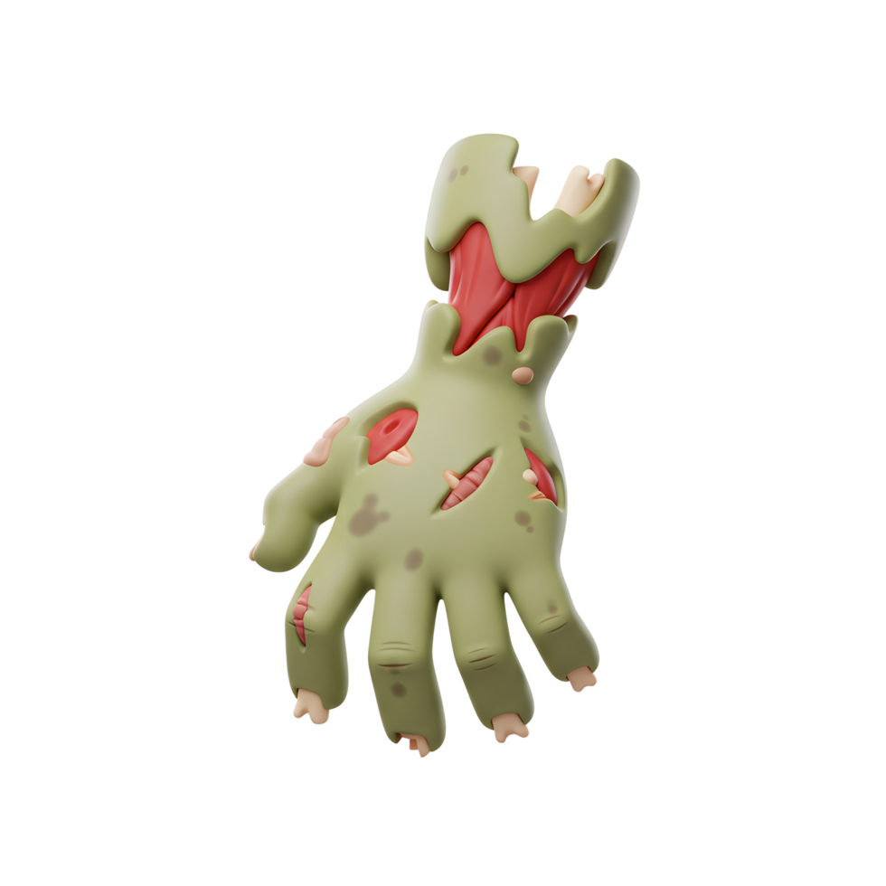 Cartoon zombie hand with decaying flesh and bone is depicted in this image, perfect for halloween illustrations or themed party decorations. png