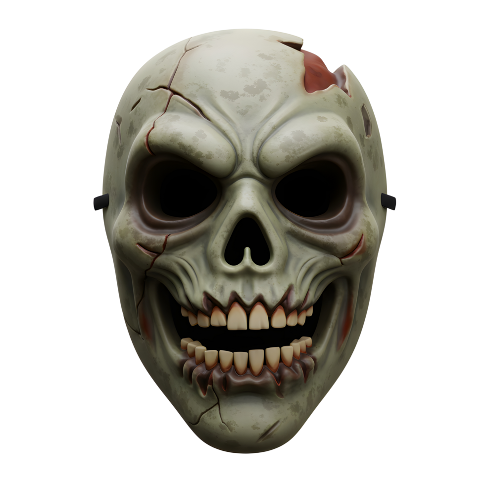 A gray skull mask shows cracks and an exposed wound, creating a spooky and unsettling effect, likely worn for Halloween or costume parties. png