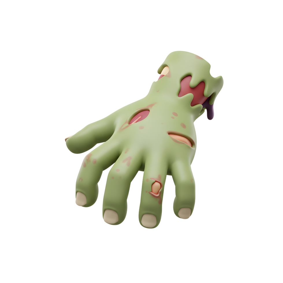 A cartoon zombie hand with wounds and dripping blood gives an eerie feel and can be used for Halloween decorations. png