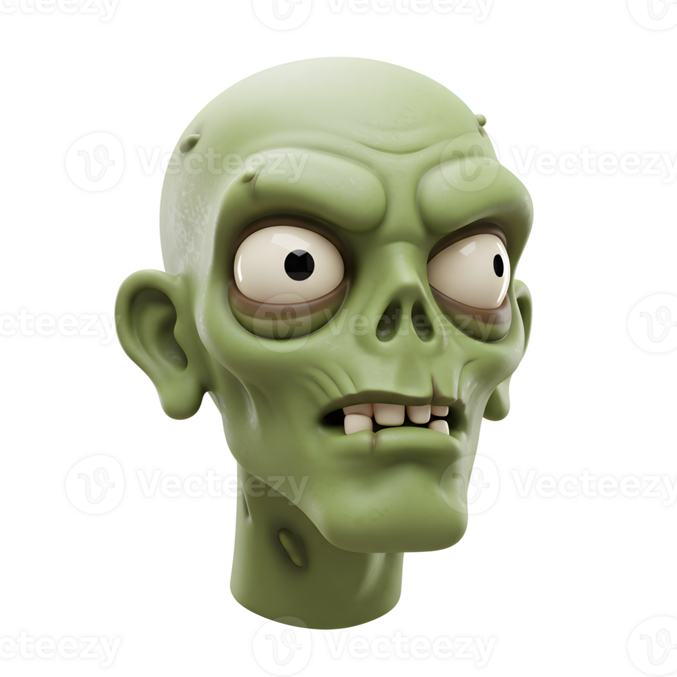 Illustration of a cartoon green zombie head with bulging eyes, crooked teeth, and a grotesque expression, perfect for use in Halloween themed content or horror designs. png
