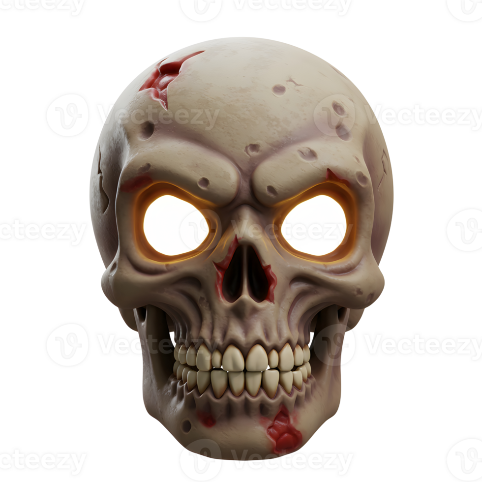 A zombie skull with glowing yellow eyes and visible wounds is showcased for Halloween decorations. png