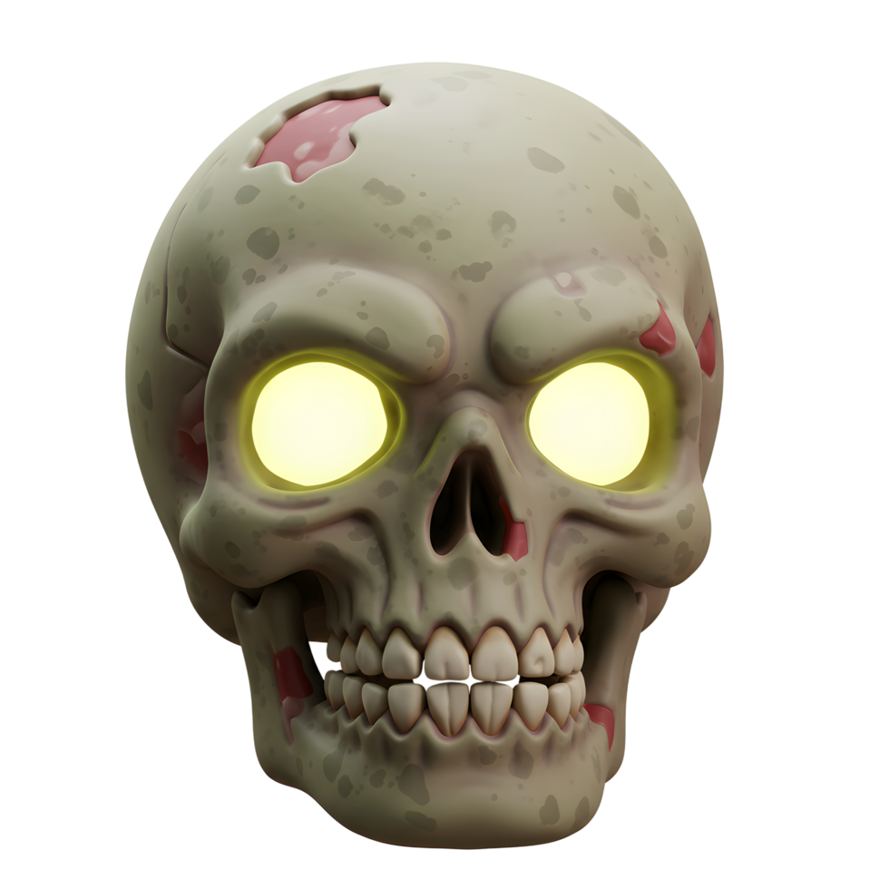 A cartoon zombie skull features glowing yellow eyes and a hole in its head, perfect for Halloween or spooky season designs. png