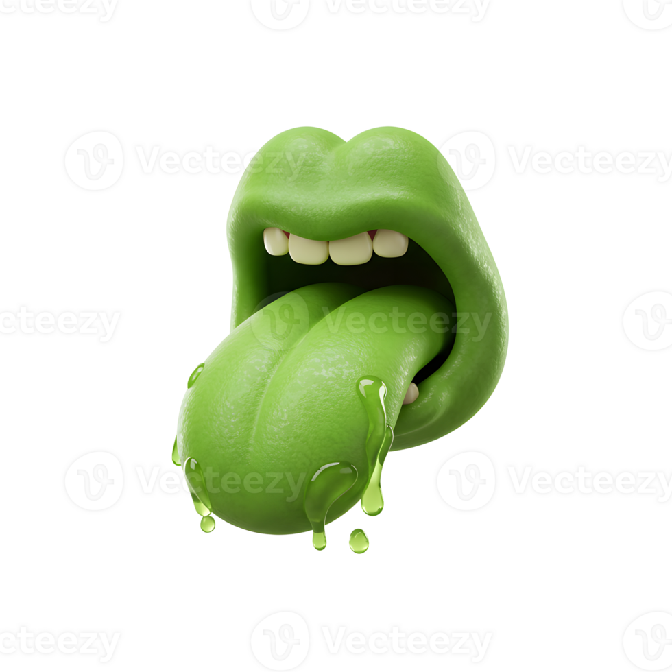 A pair of vibrant green lips are seen with a tongue sticking out and dripping slime, ideal for expressing playful themes. png