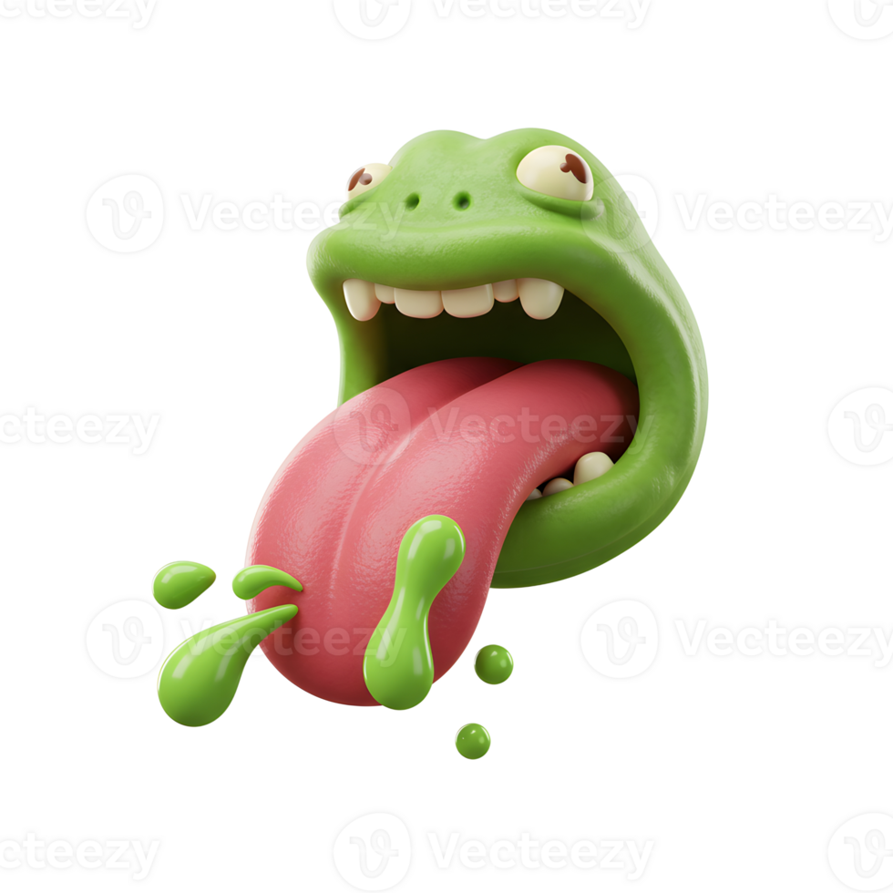 A green cartoon monster with a long pink tongue and drool is depicted in a playful style, perfect for children's illustrations and humorous designs. png