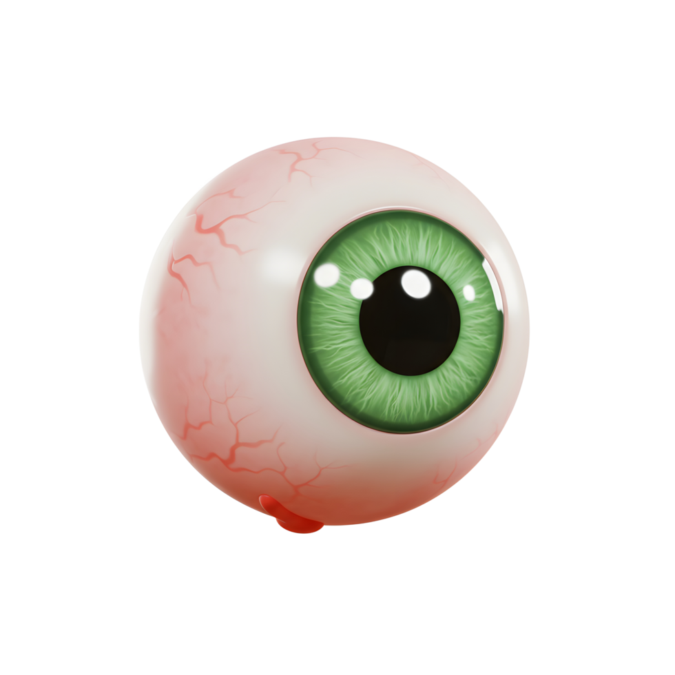 A realistic, round eyeball with a green iris and visible blood vessels is depicted in this rendering, and can be used for educational or thematic designs. png