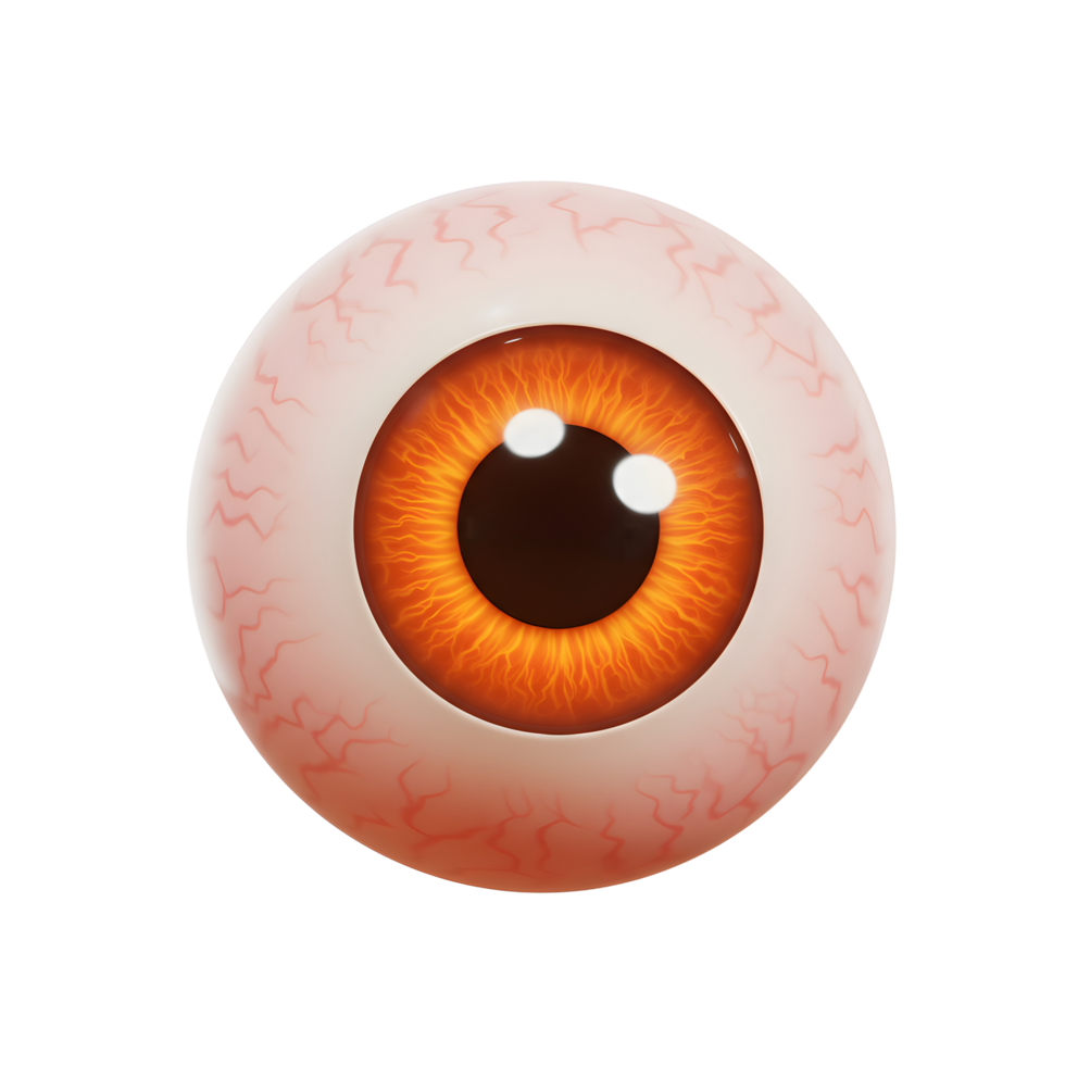An orange iris eyeball with visible veins and highlights makes a spooky illustration, perfect for halloween decorations. png