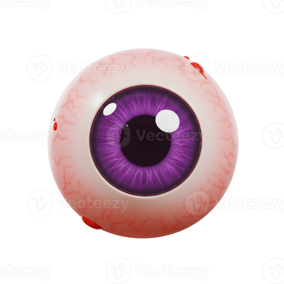 A stylized eyeball with a vibrant purple iris and visible veins is shown against a white backdrop and can be used for horror or Halloween themed content. png