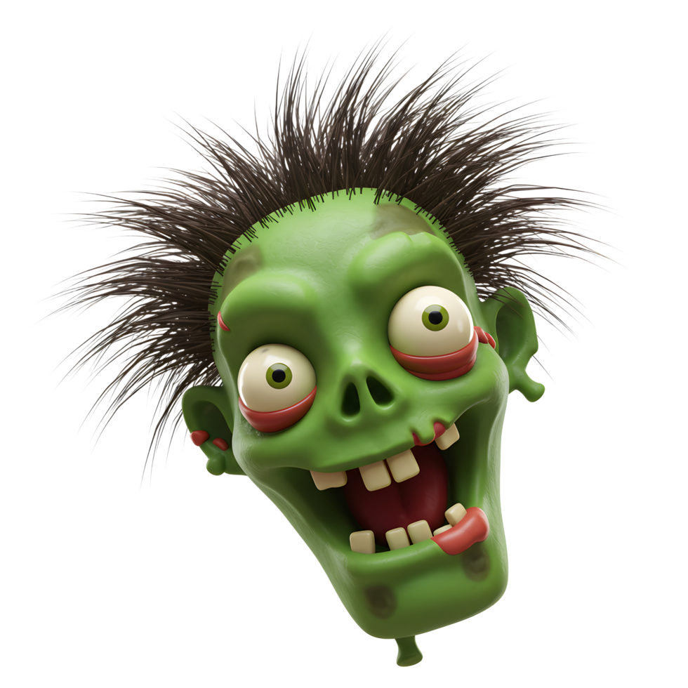 A green cartoon zombie with wild hair is laughing and sticking its tongue out, which could be used for Halloween themes. png