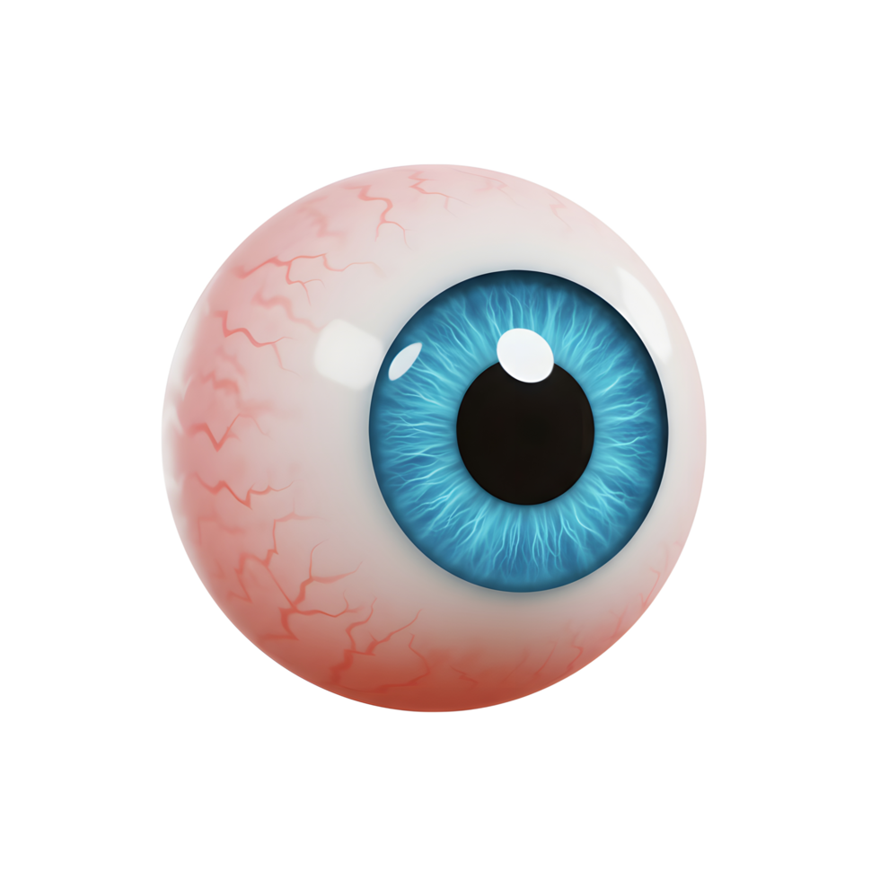 Detailed illustration of a human eye featuring a vibrant blue iris, visible blood vessels, and clear white sclera is used to depict health or anatomy. png